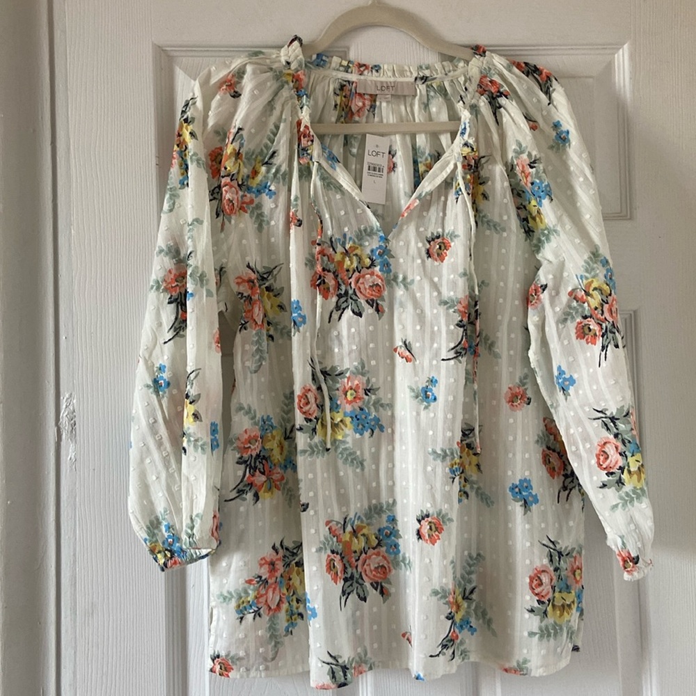 LOFT White Floral Peasant Blouse